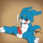  anthro balls bandai_namco blush bodily_fluids cum digimon digimon_(species) genital_fluids genitals male orgasm penis solo vee_stitch veemon vein 