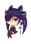  1girl backbeako backbeard black_dress black_gloves black_hair black_ribbon black_thighhighs blush chibi closed_mouth commentary dress elbow_gloves frown full_body gegege_no_kitarou gloves hair_over_one_eye hair_ribbon jitome long_hair looking_at_viewer original pointy_ears red_eyes ribbon ringed_eyes simple_background sitting sleeveless sleeveless_dress solo thighhighs torotei translated twintails white_background 