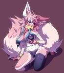  absurd_res anthro big_breasts big_tail blush blush_lines bodily_fluids breasts butt canid canine clothing collar female fox fur hair heterochromia hi_res huge_breasts huge_tail kneeling lactating lactating_through_clothing looking_aside mammal mazzlerazz milk multicolored_hair navel pink_body pink_eyes pink_fur pink_hair shadow simple_background smile solo tail thick_thighs unknown_character wet wet_clothing yellow_eyes 