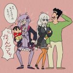  2boys 2girls anger_vein blush braid breasts byackopath_(artist) child crayon_shin-chan kizuna_akari large_breasts locked_arms long_hair multiple_boys multiple_girls nohara_hiroshi nohara_shinnosuke parody pointing purple_hair sharp_teeth style_parody sweatdrop teeth thighhighs usui_yoshito_(style) voiceroid white_hair yuzuki_yukari 