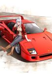  1girl absurdres animal_ears black_pants boots breasts brown_footwear car ferrari ferrari_f40 gold_ship_(umamusume) grey_hair highres horse_ears horse_girl jacket long_hair long_sleeves looking_at_viewer medium_breasts motor_vehicle open_clothes open_jacket pants raffijoe5 red_jacket sidelocks sitting_on_car umamusume 