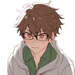  1boy @_@ black-framed_eyewear brown_eyes brown_hair closed_mouth collared_shirt ensemble_stars! glasses green_shirt grey_jacket highres jacket male_focus morisawa_chiaki naihowda shirt short_hair simple_background solo upper_body white_background 