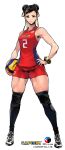  1girl absurdres artist_request ball black_socks bracelet breasts capcom chun-li closed_mouth commentary_request double_bun full_body hair_bun hand_on_own_hip highres holding holding_ball jewelry knee_pads kneehighs looking_at_viewer official_alternate_costume official_art red_shorts shirt shorts sleeveless sleeveless_shirt smile socks solo sportswear standing street_fighter street_fighter_6 thick_thighs thighs volleyball_uniform white_background 