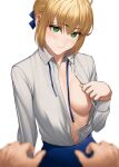  1girl 1other artoria_pendragon_(fate) blonde_hair blue_ribbon blue_skirt breasts closed_mouth collared_shirt commentary english_commentary fate/stay_night fate_(series) green_eyes hair_ribbon long_sleeves looking_at_viewer open_clothes open_shirt pov pov_hands ribbon saber shirt simple_background skirt smile solo_focus tamamoice upper_body white_background white_shirt 