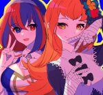  2girls alear_(female)_(divine_attire)_(fire_emblem) alear_(female)_(fire_emblem) alear_(fire_emblem) bandaged_arm bandages blue_eyes blue_hair edamameoka fire_emblem fire_emblem_engage hair_ornament heterochromia highres long_hair multicolored_hair multiple_girls official_alternate_costume open_mouth orange_eyes orange_hair panette_(fire_emblem) red_eyes red_hair ribbon smile split-color_hair tiara two-tone_hair 