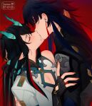  2boys black_gloves black_hair black_sleeves blade_(honkai:_star_rail) blood_trail blue_hair closed_eyes closed_mouth colored_inner_hair couple dan_heng_(honkai:_star_rail) dan_heng_(imbibitor_lunae)_(honkai:_star_rail) dark_blue_hair detached_sleeves deviantart_username deymara dragon_boy dragon_horns earrings english_commentary fingerless_gloves gloves green_horns hand_in_another&#039;s_hair hand_on_another&#039;s_back height_difference highres honkai:_star_rail honkai_(series) horns instagram_username jewelry long_hair male_focus multicolored_hair multiple_boys pectoral_cleavage pectorals pointy_ears red_background red_eyeliner saliva saliva_trail single_bare_shoulder single_glove twitter_username white_sleeves yaoi 