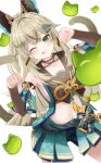  1girl ;p absurdres animal_ears arm_warmers blue_shorts blush closed_mouth cowboy_shot crop_top dutch_angle fake_animal_ears genshin_impact green_eyes hair_ornament highres kirara_(genshin_impact) light_brown_hair looking_at_viewer midriff multiple_tails navel nekomata one_eye_closed opm7760 paw_pose shorts simple_background solo star_(symbol) star_hair_ornament tail tongue tongue_out two_tails white_background 