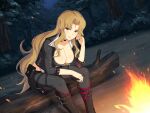  1girl belt belt_buckle belt_pouch black_belt black_choker black_footwear black_jacket black_pantyhose blonde_hair blush bonfire breasts buckle bush campfire choker cleavage collarbone daidouji_(senran_kagura) fire flame forest holster jacket kunai large_breasts leaf log long_hair looking_at_viewer mole mole_under_eye nature night night_sky official_alternate_costume official_art outdoors pantyhose pouch red_eyes senran_kagura senran_kagura_burst senran_kagura_new_link senran_kagura_shoujo-tachi_no_shin&#039;ei shiny_skin sitting sitting_on_log sky smile solo star_(sky) starry_sky thigh_holster tree very_long_hair weapon yaegashi_nan 