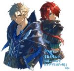  2boys adol_christin back-to-back blonde_hair blue_eyes brown_eyes coat crimson_king_(ys) earrings feathers gloves hair_over_one_eye hawk_(ys) jewelry looking_at_viewer male_focus multiple_boys ponytail red_hair simple_background sleeves_rolled_up swept_bangs tatsumikkk white_background white_feathers ys ys_ix_monstrum_nox 