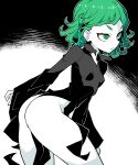  1girl akableak ass black_background black_dress breasts closed_mouth curly_hair dress from_side green_eyes green_hair highres leaning_forward long_sleeves one-punch_man small_breasts solo tatsumaki white_background 