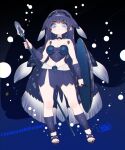  1girl air_bubble animal arm_at_side artist_logo bare_shoulders black_choker blue_eyes blue_hair blue_nails bow braid breasts bubble character_name choker closed_mouth coelacanth coelacanth_(kemono_friends) collarbone creature_and_personification dark_blue_hair fingernails fins fish full_body hand_up head_fins highres holding holding_polearm holding_shield holding_weapon kemono_friends legs_apart long_hair looking_at_viewer medium_breasts midriff miniskirt multicolored_hair nail_polish notora polearm sandals shield side_braid silhouette skirt smile solo_focus spear standing stomach strapless toenails toes twin_braids very_long_hair weapon 