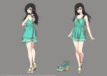  1girl aged_down aqua_dress arms_at_sides bare_shoulders black_hair closed_mouth collarbone commentary_request concept_art crossed_arms dress final_fantasy final_fantasy_vii final_fantasy_vii_remake from_behind full_body grey_background kodomo_no_hi long_hair looking_at_viewer looking_back multiple_views official_art open_mouth red_eyes roberto_ferrari sandals smile square_enix standing sundress teeth tifa_lockhart upper_teeth_only 