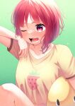  1girl absurdres arima_kana bird_mask blush collarbone commentary cropped_shirt daichi_(hayate1328) food_print green_background hand_up highres mask mask_removed nose_blush one_eye_closed open_mouth oshi_no_ko pieyon print_shirt red_eyes red_hair shirt short_hair short_sleeves simple_background solo strawberry_print sweat t-shirt teeth upper_body wiping_face wiping_sweat yellow_shirt 