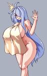  1girl against_fourth_wall ahoge blue_hair blush copyright_request curvy grey_background hair_over_one_eye long_hair masked_agent naked_towel open_mouth purple_eyes simple_background towel very_long_hair 