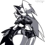  2022 anthro armwear bottom_heavy bottomwear breasts canid canid_demon canine canis clothing demon digital_media_(artwork) elbow_gloves female fur gloves grey_body grey_fur grey_hair greyscale hair hand_on_hip handwear hellhound helluva_boss huge_hips huge_thighs hybrid long_hair loona_(helluva_boss) mammal monochrome rohan_furries shorts small_breasts solo thick_thighs tight_bottomwear tight_clothing tight_fit white_eyes wide_hips wolf 