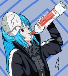  absurdres alcohol blue_hair bottle chugging condensation drink drinking dripping fur_scarf hair_ribbon highres holding holding_drink mask monster_boy non-web_source ponytail red_eyes ribbon rimuru_tempest rimuru_tempest_(slime) simple_background slime_(creature) slime_(substance) slime_boy straight_hair tensei_shitara_slime_datta_ken vodka 