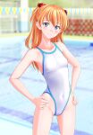  1girl absurdres blue_eyes blurry blurry_background breasts collarbone commentary_request competition_school_swimsuit covered_navel cowboy_shot hands_on_own_hips highleg highleg_swimsuit highres interface_headset neon_genesis_evangelion one-piece_swimsuit orange_hair pool school_swimsuit small_breasts solo souryuu_asuka_langley string_of_flags swimsuit takafumi two_side_up white_one-piece_swimsuit 
