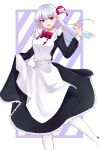  1girl absurdres alternate_costume aoooi1031 apron black_dress bow bowtie breasts dress enmaided fate/grand_order fate_(series) frilled_dress frills grey_hair hair_ribbon highres kama_(fate) long_hair long_sleeves looking_at_viewer maid maid_apron medium_breasts open_mouth purple_eyes red_bow red_bowtie red_ribbon ribbon round_teeth solo teeth upper_teeth_only white_apron 