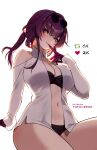  1girl backlighting black_bra blush bra breasts cleavage collared_shirt commentary english_commentary eyewear_on_head gloves highres honkai:_star_rail honkai_(series) kafka_(honkai:_star_rail) large_breasts long_sleeves looking_at_viewer medium_hair meme navel open_clothes open_shirt patreon_username purple_eyes purple_gloves purple_hair shirt smile sunglasses tofuubear twitter_strip_game_(meme) underwear white_shirt 