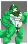  10:16 abs anthro balls canid canine canis eyebrows fur genitals green_body green_fur hair hi_res humanoid_genitalia humanoid_penis male mammal muscular muscular_anthro penis pubes silvertain solo vein veiny_penis white_balls white_penis wolf yellow_eyes 