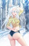  1girl absurdres ass forest hand_on_own_hip highres indie_virtual_youtuber long_hair looking_at_viewer looking_back midriff mikazuki_silvi nanase_(ribonshitoron) nature open_mouth owl_ears owl_girl snow solo thighs virtual_youtuber 