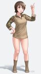  1girl :d absurdres borrowed_character bottomless breasts brown_eyes brown_hair brown_shirt brown_socks camouflage camouflage_shirt character_name collarbone combat_shirt commentary_request full_body green_shirt hand_on_own_hip highres kzm_(sub-moa_works) looking_at_viewer medium_breasts multicolored_shirt open_mouth original partial_commentary pocket pointing pointing_up raglan_sleeves shadow shirt short_hair simple_background sleeves_past_elbows sleeves_rolled_up smile socks solo standing white_background wispy_bangs woodland_camouflage zipper 