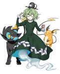  1girl :3 alien_(psr992) black_headwear blue_eyes closed_eyes closed_mouth colored_sclera commentary cross-laced_clothes dress facing_viewer full_body ghost_tail green_dress green_hair hat highres holding holding_poke_ball joltik korean_commentary long_sleeves luxray ofuda ofuda_on_clothes poke_ball pokemon pokemon_(creature) raichu red_sclera short_hair simple_background soga_no_tojiko sweatdrop tail tate_eboshi touhou white_background 