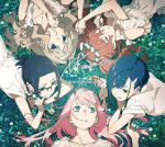  5girls album_cover aqua_eyes blue_eyes blue_hair blush brown_hair circle_formation closed_eyes cover darling_in_the_franxx dress english_text field finger_to_mouth flower flower_field glasses grass green_eyes green_theme hair_flower hair_ornament hair_spread_out hairclip half-closed_eyes hand_in_own_hair highres holding_hands horns ichigo_(darling_in_the_franxx) ikuno_(darling_in_the_franxx) kokoro_(darling_in_the_franxx) long_hair looking_at_another lying miku_(darling_in_the_franxx) multiple_girls official_art on_back on_grass on_ground on_stomach open_mouth parted_lips pink_hair short_hair shushing sleeping smile twintails yoneyama_mai zero_two_(darling_in_the_franxx) 
