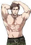  1boy abs ag_ss41 armpits arms_behind_back bara bare_pectorals belt black_belt brown_hair dog_tags green_pants idolmaster idolmaster_side-m jewelry looking_to_the_side male_focus male_underwear male_underwear_peek muscular muscular_male pants parted_lips pectorals purple_eyes shingen_seiji short_hair simple_background smile solo teeth topless_male underwear white_background 