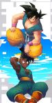  2boys black_eyes black_hair closed_mouth dark-skinned_male dark_skin dougi dragon_ball dragon_ball_gt male_focus mohawk multiple_boys ommmyoh open_mouth pants smile son_goku spiked_hair uub wristband yellow_pants 