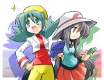 2girls aqua_eyes aqua_hair arm_behind_back closed_mouth cropped_jacket drop_shadow game_cartridge grey_eyes grey_hair hair_between_eyes hand_on_own_hip handheld_game_console hat holding holding_game_cartridge holding_handheld_game_console jacket kris_(pokemon) leaf_(pokemon) long_hair long_sleeves multiple_girls nintendo_3ds pleated_skirt pokemon pokemon_(game) pokemon_frlg pokemon_gsc rascal_(feuille) red_shirt red_skirt shirt skirt smile split_mouth twintails very_long_hair white_jacket yellow_headwear 