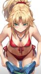  1girl bare_shoulders bikini blonde_hair blush braid breasts clothes_pull collarbone fate/apocrypha fate_(series) french_braid front-tie_bikini_top front-tie_top green_eyes hair_ornament hair_scrunchie highres jewelry long_hair looking_down mordred_(fate) necklace pants pants_pull ponytail red_bikini red_scrunchie revision scrunchie side-tie_bikini_bottom sidelocks solo swimsuit tonee 