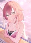  1girl bare_arms bare_shoulders bikini breasts brown_eyes cleavage collarbone commentary_request crossed_arms hair_between_eyes highres large_breasts original partially_submerged pink_bikini pink_hair pool pool_ladder poolside roido_(taniko-t-1218) solo swimsuit upper_body water 