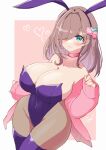  1girl :3 animal_ears bare_shoulders blush bow breasts brown_hair cardigan choker cleavage closed_mouth collarbone covered_navel dot_nose green_bow green_eyes hair_bow hair_intakes hair_over_one_eye huge_breasts kasagland leotard long_bangs long_sleeves looking_at_viewer medium_hair nijisanji open_cardigan open_clothes pantyhose pink_background pink_bow pink_cardigan pink_choker playboy_bunny purple_headwear purple_leotard purple_thighhighs rabbit_ears signature sleeves_past_wrists smile solo strapless strapless_leotard suzuhara_lulu thighhighs thighs two-tone_background virtual_youtuber white_background wide_hips 