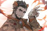  1boy absurdres alca_(wakatanka4) bara beard black_hair facial_hair fire gyee hand_up head_tilt highres lion_boy male_focus mature_male necklace_in_mouth original pyrokinesis quirrel_(gharnedanshyo) short_hair solo thick_eyebrows upper_body 