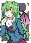  1girl bat_wings blue_jacket blush bow breasts buttons cleavage collarbone crescent_moon crossed_bangs eyelashes finger_to_mouth green_hair grimace highres jacket jitsu_wa_watashi_wa large_breasts long_hair moon plaid plaid_bow plaid_skirt shiragami_youko skirt solo sumida_kichi teardrop very_long_hair wings yellow_eyes 