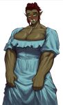  absurdres blue_dress blush breasts cleavage colored_skin dress female_orc green_eyes green_skin highres huge_breasts looking_at_viewer muscular muscular_female orc original pointy_ears red_hair short_hair short_sleeves simple_background solo sotcho tusks white_background 