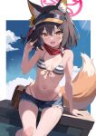  1girl :d animal_ears bare_shoulders bench bikini blue_archive braid breasts brown_hair chikoku cloud cropped_legs double-parted_bangs fang flower fox_ears fox_shadow_puppet fox_tail hair_flower hair_ornament halo highres izuna_(blue_archive) izuna_(swimsuit)_(blue_archive) lens_flare looking_at_viewer medium_hair midriff multicolored_hair navel official_alternate_costume open_mouth red_eyeliner red_hair red_scarf scarf short_shorts shorts sidelocks sitting skin_fang sky small_breasts smile striped striped_bikini swimsuit tail thighs visor_cap yellow_eyes 
