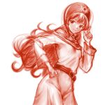  1girl belt breasts dragon_quest dragon_quest_ii dress hand_up highres hood hood_up long_hair long_sleeves minamoto80486 monochrome princess_of_moonbrook red_theme simple_background small_breasts solo very_long_hair white_background 