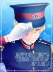  1boy blonde_hair blue_background character_name dated hair_between_eyes hand_on_headwear happy_birthday kiyomiya_tenryu male_focus purple_eyes ringoya_putako solo uniform upper_body witch_watch 