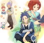  1girl 3boys :d adaman_(pokemon) aqua_hair arezu_(pokemon) bandaged_arm bandages black_bow black_bowtie black_footwear blue_hair bow bowtie brown_eyes closed_mouth cyndaquil dark_blue_hair diamond_clan_outfit earrings eyes_visible_through_hair galaxy_expedition_team_survey_corps_uniform hani_(udauda) hat jewelry lab_coat laventon_(pokemon) leafeon light_green_hair medium_hair multicolored_hair multiple_boys neck_ring on_head open_mouth oshawott pants pikachu pokemon pokemon_(creature) pokemon_(game) pokemon_legends:_arceus pokemon_on_head red_eyes red_hair red_headwear red_scarf rei_(pokemon) scarf short_hair single_earring smile squatting striped striped_pants teeth upper_teeth_only vertical-striped_pants vertical_stripes wide_ponytail 