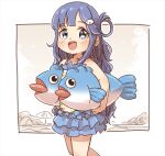  1girl :d asari_nanami bare_arms bare_shoulders blue_eyes blue_hair blush carrying carrying_under_arm feet_out_of_frame fish_hair_ornament hair_ornament hair_rings hairclip idolmaster idolmaster_cinderella_girls long_hair looking_at_viewer one-piece_swimsuit smile solo swimsuit teeth upper_teeth_only very_long_hair walking white_one-piece_swimsuit yukie_(kusaka_shi) 
