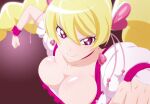  1girl blonde_hair breasts choker cleavage closed_mouth collarbone cure_peach downblouse earrings fresh_precure! fuchi_(nightmare) hair_ornament heart heart_earrings heart_hair_ornament jewelry large_breasts long_hair magical_girl momozono_love pink_choker pink_eyes precure puffy_short_sleeves puffy_sleeves shirt short_sleeves solo twintails upper_body white_shirt wrist_cuffs 