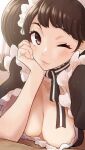  1girl blush breasts brown_eyes brown_hair cleavage head_rest highres kawakami_sadayo kurosususu large_breasts looking_at_viewer maid official_alternate_costume one_eye_closed persona persona_5 portrait short_twintails solo twintails 