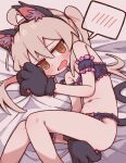  1girl @_@ ahoge animal_ear_fluff animal_ears animal_hands arm_between_legs armband armpit_crease bandeau bare_shoulders black_bandeau black_choker black_panties blush bow bow_panties breast_cutout cat_ears cat_lingerie cat_tail choker commentary_request dot_nose fake_animal_ears fake_tail feet_out_of_frame flat_chest frilled_armband frilled_bandeau frilled_choker frilled_panties frills furrowed_brow gloves hair_between_eyes indoors korean_commentary light_brown_hair long_hair looking_at_viewer m1ch meme_attire navel official_alternate_costume on_bed onii-chan_wa_oshimai! open_mouth orange_eyes oyama_mahiro panties paw_gloves saliva solo spoken_blush straight_hair tail twintails underwear very_long_hair wavy_mouth 