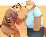  &lt;3 2023 anthro arufina_w belly big_belly blush bottomwear canid canine canis clothing domestic_dog duo felid hi_res humanoid_hands kemono male male/male mammal overweight overweight_male pantherine shirt shorts simple_background tiger topwear 