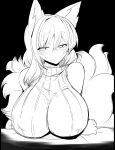  1girl animal_ears black_background blush breasts fox_ears fox_girl fox_tail greyscale highres large_breasts looking_at_viewer mizuga monochrome multiple_tails sleeveless solo sweater tabard tail touhou trigram yakumo_ran 