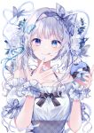  1girl :q \||/ bare_shoulders black_bow blue_bow blue_eyes blue_hairband blue_nails blue_theme blush bow butterfly_hair_ornament closed_mouth collarbone commentary dot_nose doughnut food grey_hair hair_bow hair_intakes hair_ornament hairband hands_up head_tilt heart heterochromia high-waist_skirt highres holding holding_food icing long_bangs long_hair looking_at_viewer low_twintails nail_polish off-shoulder_shirt off_shoulder original plaid plaid_skirt purple_eyes raised_eyebrows shirt shirt_tucked_in sidelocks signature skirt smile solo straight-on taya_oco tongue tongue_out twintails white_shirt wrist_cuffs 