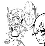  2girls bare_shoulders breasts covered_navel detached_sleeves dress electric_fan greyscale karma_(league_of_legends) large_breasts league_of_legends looking_at_another magic monochrome multiple_girls parted_lips phantom_ix_row profile short_hair sidelocks smile sweat teeth upper_body wind 