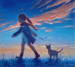  1girl boots brown_hair cat cat_teaser child cloud coat commentary_request full_body grass highres long_hair oil_painting_(medium) original outdoors painting_(medium) ponytail profile red_scarf ringodrawing scarf sky solo traditional_media twilight walking 